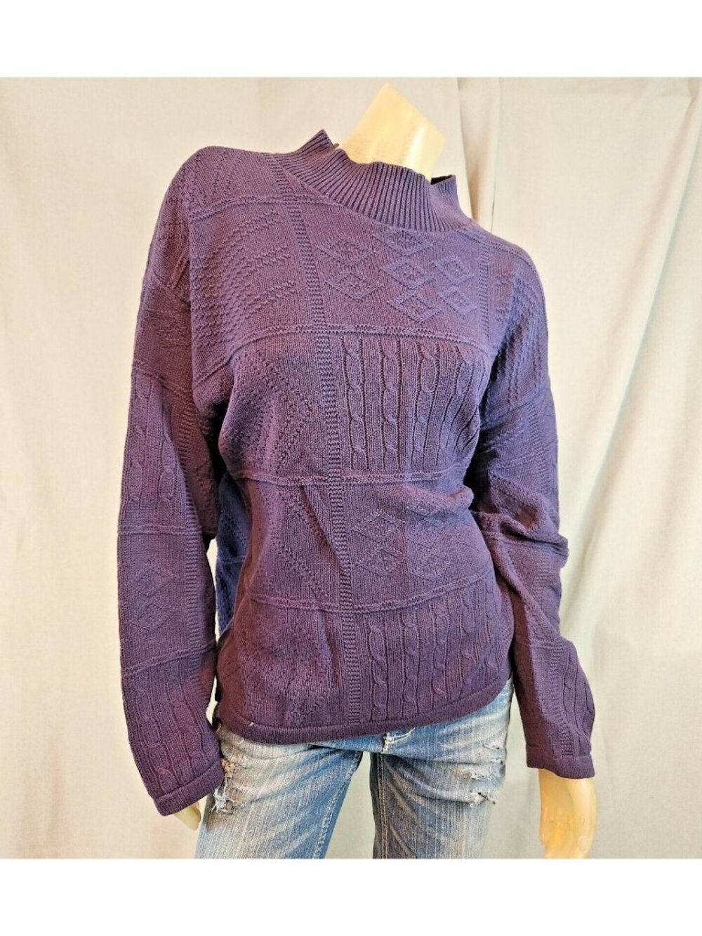 Vintage Orvis Sweater Blue LARGE USA Block Knit Mock Neck Pullover Top USED
